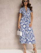 by swan Rochie Cămașă Midi Alb-Bleumarin cu Imprimeu Ornamental Legată în Talie Beala