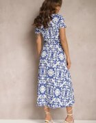 by swan Rochie Cămașă Midi Alb-Bleumarin cu Imprimeu Ornamental Legată în Talie Beala