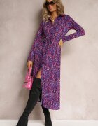 by swan Rochie Cămașă Mov-Albastră cu Cordon Legat și Mânecă Lungă Malenie