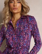 by swan Rochie Cămașă Mov-Albastră cu Cordon Legat și Mânecă Lungă Malenie