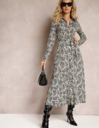 by swan Rochie Cămășă Neagră cu Model Ornamental Legată în Talie Hanname