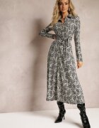 by swan Rochie Cămășă Neagră cu Model Ornamental Legată în Talie Hanname