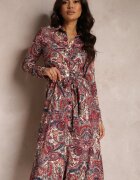 by swan Rochie Cămașă Roșie cu Mânecă Lungă și Brâu Legat Limiria