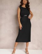 by swan Rochie cu croi drept Neagră Midi din Țesătură Plisată cu Cordon cu Cataramă Lanaia