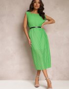 by swan Rochie Dreaptă Verde Midi din Țesătură Plisată cu Curea cu Cataramă Lanaia