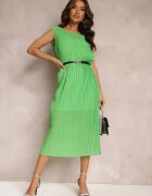by swan Rochie Dreaptă Verde Midi din Țesătură Plisată cu Curea cu Cataramă Lanaia