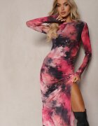 by swan Rochie Fucsia din plasă Bodycon cu imprimeu marmorat și șliț la tiv Valerimes