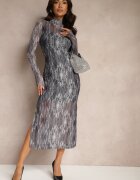 by swan Rochie Gri Transparentă cu Jupă din Vâscoză și Fente laterale Vertirra