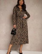 by swan Rochie Maro Imprimată din Viscoză cu Croială tip Cămașă Decorată cu un Cordon Înnodat Evelitha