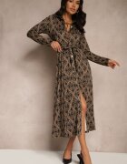 by swan Rochie Maro Imprimată din Viscoză cu Croială tip Cămașă Decorată cu un Cordon Înnodat Evelitha