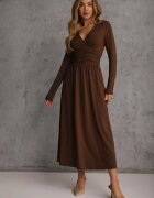 by swan Rochie Maro Taliată cu Mânecă Lungă din Vâscoză cu Încrețituri și Decolteu în V Elirie