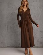 by swan Rochie Maro Taliată cu Mânecă Lungă din Vâscoză cu Încrețituri și Decolteu în V Elirie
