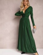 by swan Rochie Maxi Evazată Verde din Material Lucios cu Drapaj în Talie Kizzetta