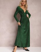 by swan Rochie Maxi Evazată Verde din Material Lucios cu Drapaj în Talie Kizzetta