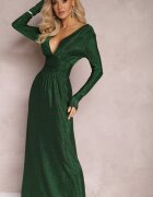 by swan Rochie Maxi Evazată Verde din Material Lucios cu Drapaj în Talie Kizzetta