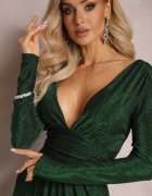 by swan Rochie Maxi Evazată Verde din Material Lucios cu Drapaj în Talie Kizzetta