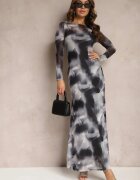 by swan Rochie Maxi Negru-Gri din plasă Decorată cu model Tie-Dye Elthiwina
