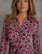 by swan Rochie Maxi Roșu-Albă cu croială cambrată cu curea cu model geometric Perani
