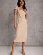 by swan Rochie Midi Bej cu Decolteu Pătrat Linerana