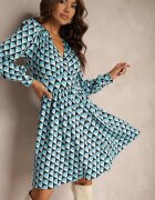 by swan Rochie Mini Albastră cu Model Geometric cu Mânecă Lungă Ezrie