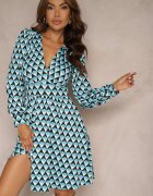 by swan Rochie Mini Albastră cu Model Geometric cu Mânecă Lungă Ezrie