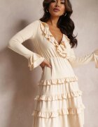 by swan Rochie mini evazată bej cu talie elastică și decolteu decorativ Agnena