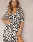 by swan Rochie Mini Negru-Bej cu Model Mozaic cu Mâneci Bufante Sabreena