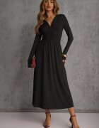 by swan Rochie Neagră Cambrată cu mâneci lungi din Viscoză cu Încrețituri și Decolteu în V Elirie