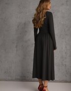 by swan Rochie Neagră Cambrată cu mâneci lungi din Viscoză cu Încrețituri și Decolteu în V Elirie