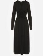 by swan Rochie Neagră Cambrată cu mâneci lungi din Viscoză cu Încrețituri și Decolteu în V Elirie