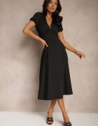 by swan Rochie Neagră Evazată de cocktail cu viscoză cu perne la umeri Mimiza