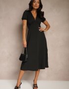 by swan Rochie Neagră Evazată de cocktail cu viscoză cu perne la umeri Mimiza