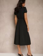 by swan Rochie Neagră Evazată de cocktail cu viscoză cu perne la umeri Mimiza