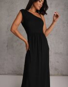 by swan Rochie Neagră Sclipitoare Maxi cu Top Asimetric și Fustă Evazată Eulita