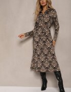 by swan Rochie neagră și bej cu croială tip cămașă cu imprimeu ornamental Mesiena