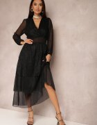 by swan Rochie Neagră Strălucitoare cu Volane și Mânecă Transparentă Halose