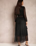 by swan Rochie Neagră Strălucitoare cu Volane și Mânecă Transparentă Halose