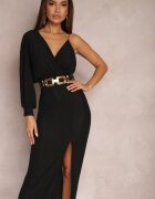 by swan Rochie Neagră Strălucitoare Maxi cu Croi Asimetric Decolteu Triunghiular și Crapatură Imisnna