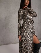 by swan Rochie Negru-Bej Imprimată din Viscoză cu croială tip cămașă Decorată cu cordon legat Evelitha