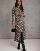 by swan Rochie Negru-Bej Imprimată din Viscoză cu croială tip cămașă Decorată cu cordon legat Evelitha