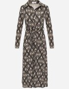 by swan Rochie Negru-Bej Imprimată din Viscoză cu croială tip cămașă Decorată cu cordon legat Evelitha