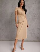 by swan Rochie petrecută Bej Midi cu Mânecă Scurtă și Nod Decorativ Katasia