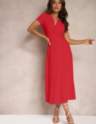 by swan Rochie Roșie cu Croială Cambrată cu Imitație de Nod și Decolteu Triunghiular Telvitela