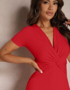 by swan Rochie Roșie cu Croială Cambrată cu Imitație de Nod și Decolteu Triunghiular Telvitela