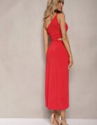 by swan Rochie roșie de seară pe un umăr cu decupaj decorată cu cataramă metalică Xanlea