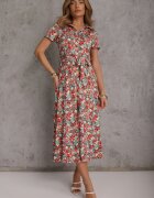 by swan Rochie Roșu-Verde Cloș din Viscoză Închisă cu nasturi Decorată cu o curea Dimica
