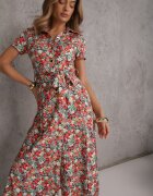 by swan Rochie Roșu-Verde Cloș din Viscoză Închisă cu nasturi Decorată cu o curea Dimica