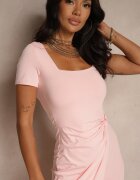 by swan Rochie Roz din Viscoză Ornată cu Încrețituri și Șliț la Picior Milanorea