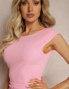by swan Rochie Roz Midi Fără Mâneci cu Drapaj și Decupaj la Spate Blita