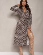 by swan Rochie tip cămașă Maro Midi Decorată cu model geometric și cu cordon legat Aripel